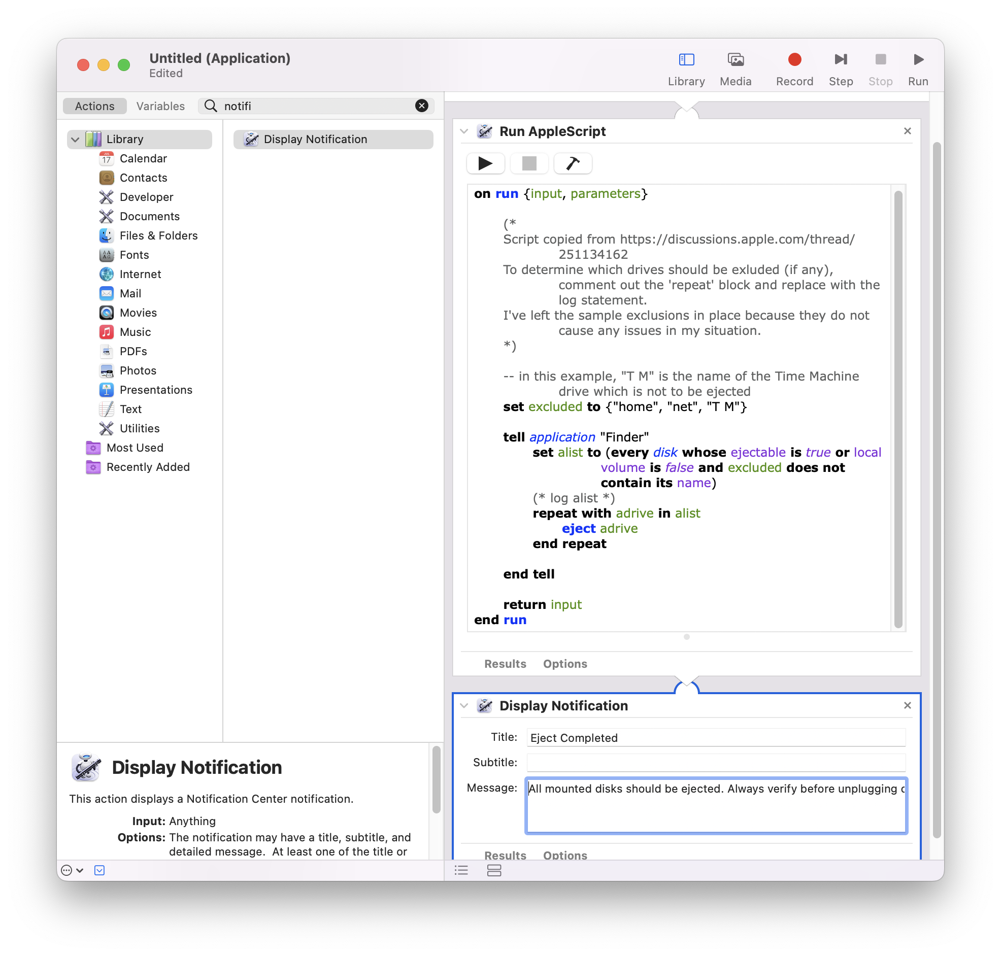 Screenshot of the Automator app after adding the Notification block