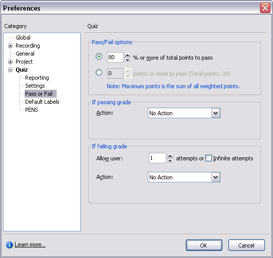 Captivate 3 Quiz preferences: Pass or Fail (screenshot)