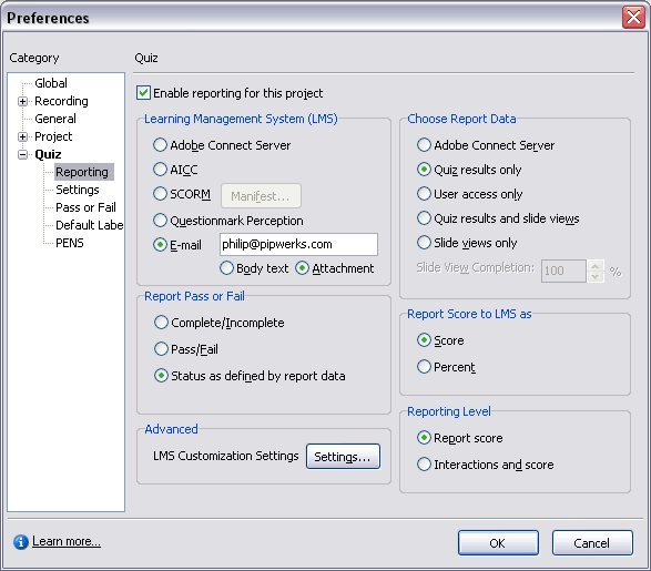 Captivate 3 Quiz preferences: Reporting (screenshot)