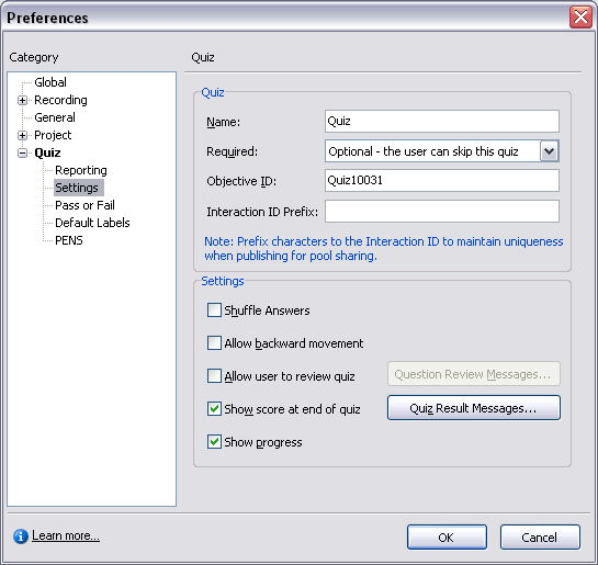 Captivate 3 Quiz preferences: settings