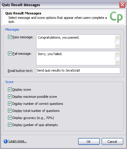 Captivate Quiz preferences: Result messages (screenshot)