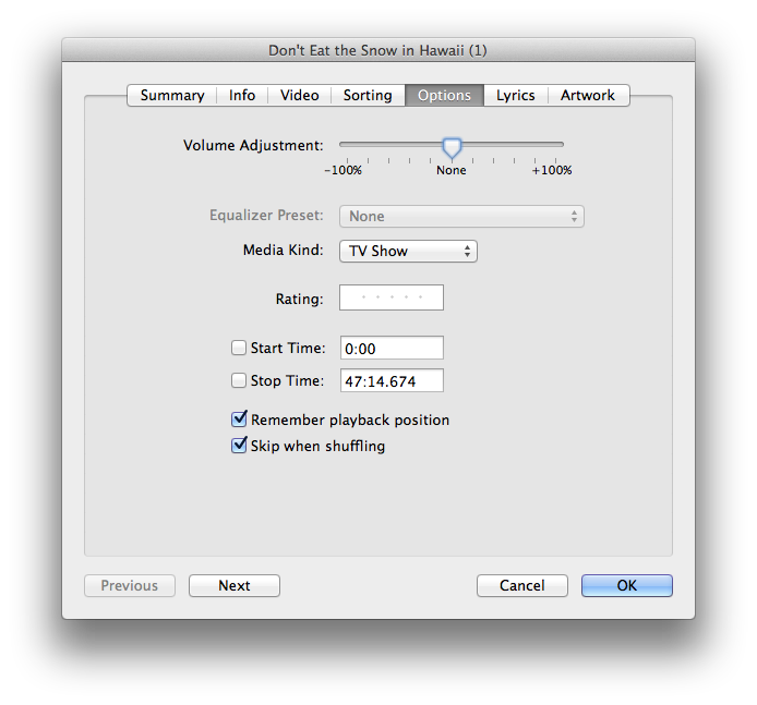iTunes file properties dialog, 'Options' tab