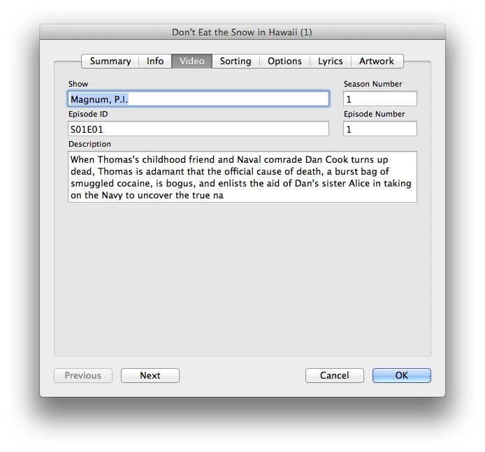 iTunes file properties dialog, 'Video' tab