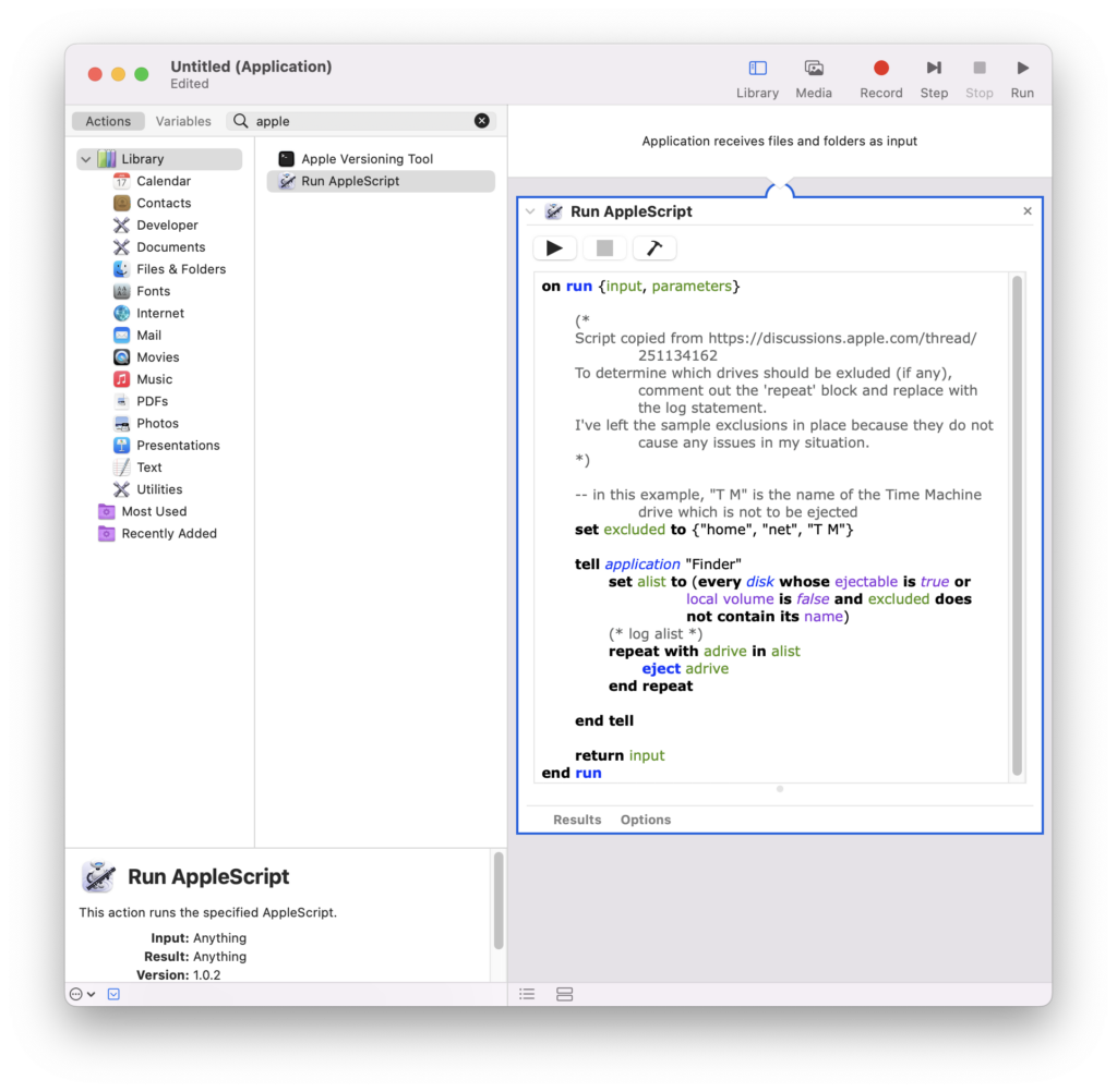 Screenshot of the Automator app after adding the Run AppleScript block
