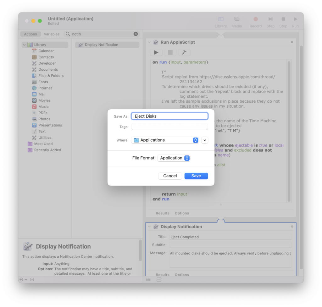 Screenshot of the Automator app when saving the document as an pplication