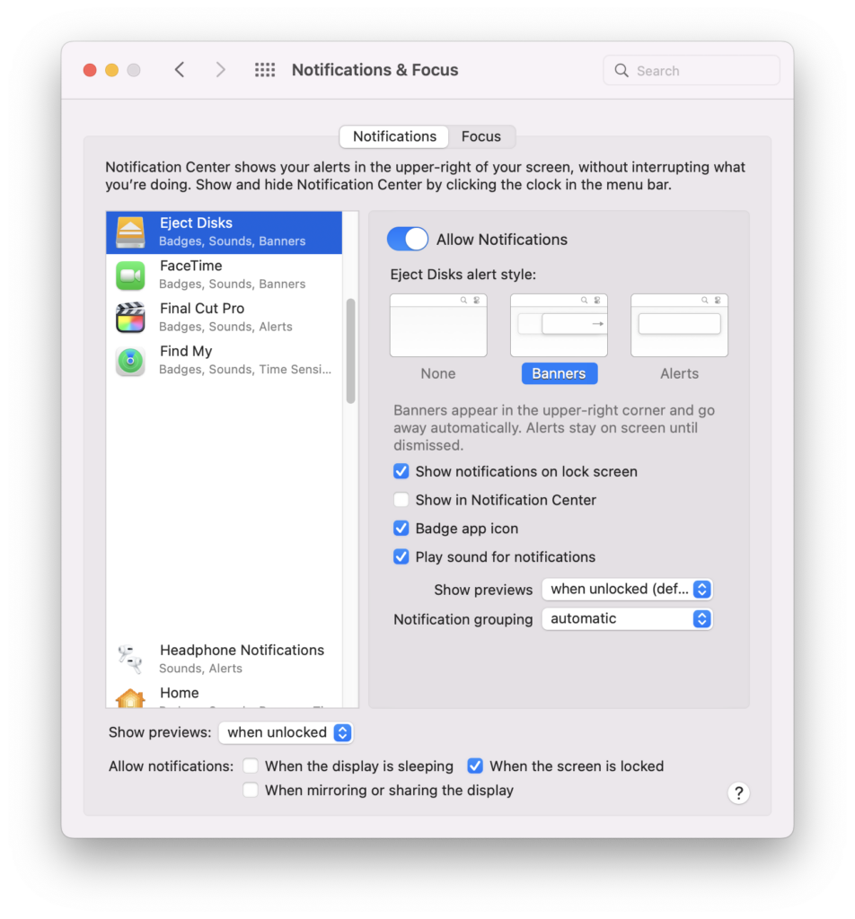 Screenshot of Notifications & Focus system preferences